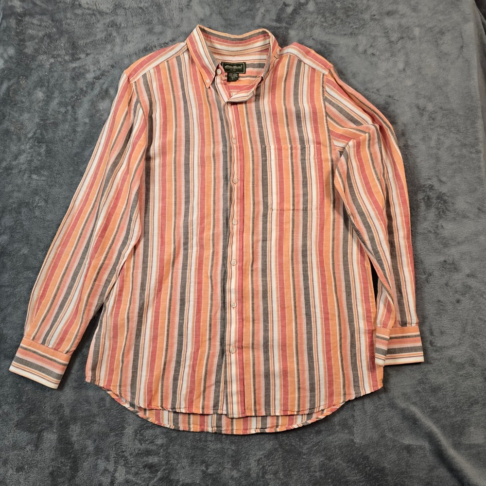 Eddie Bauer Shirt Men L Tall Linen Cotton Striped Casual Button Up Earth Tone
